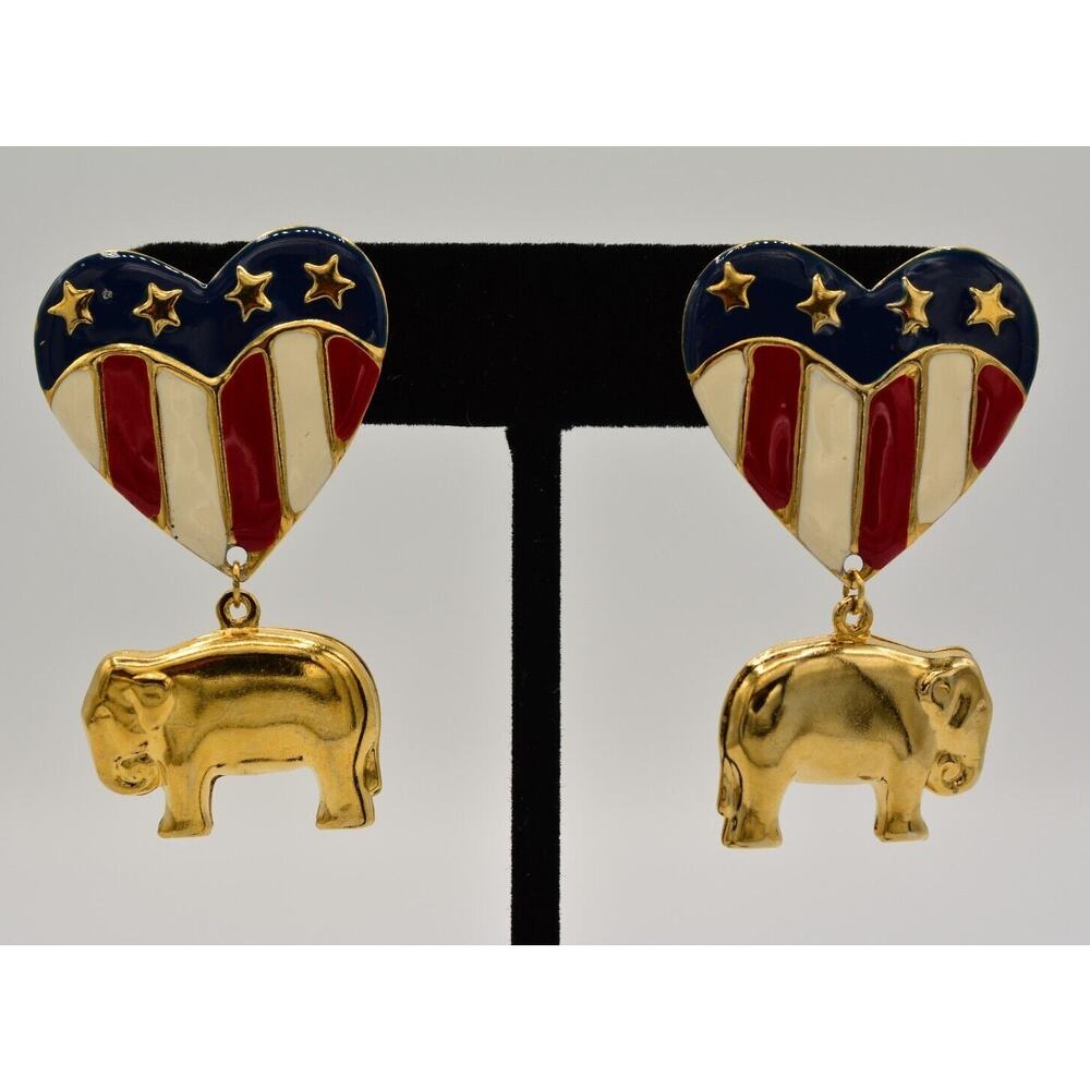 Cookie Lee Vintage Earrings USA American Flag Heart Elephant Dangle Signed BinAB